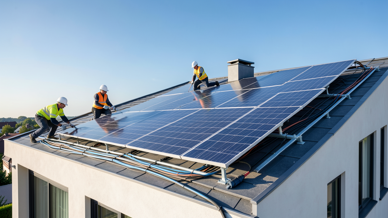 installation panneaux photovoltaïques sur toiture d'une maison contemporaine avec ouvriers en sécurité