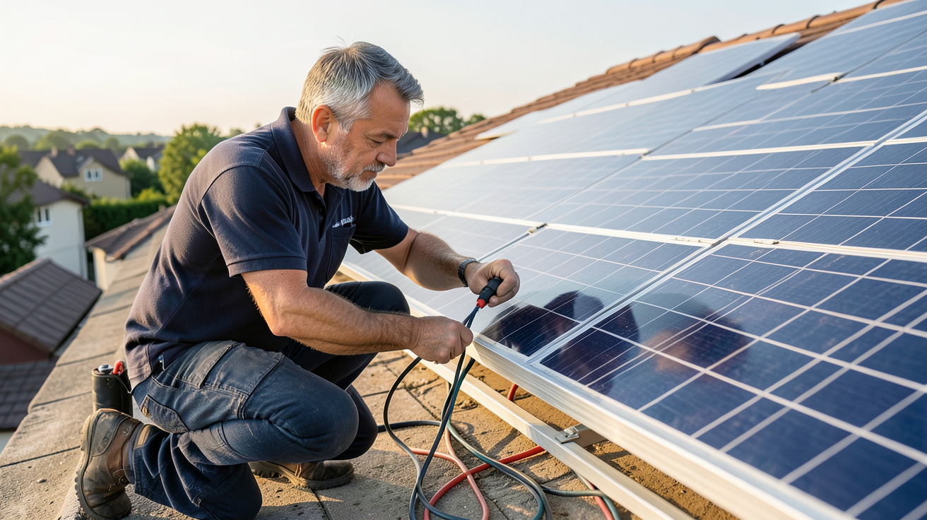 installation panneaux solaire prix : technicien vérifiant les câbles électriques d'un système solaire sur un toit