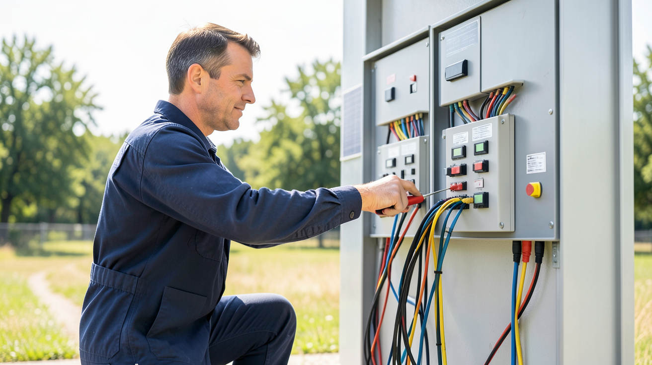installation des panneaux solaires : technicien réalisant les branchements électriques et la mise en service d'un système solaire