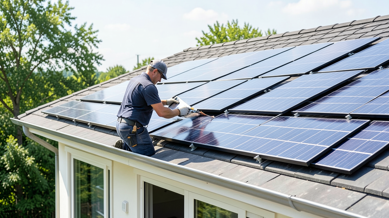 installation panneaux solaires edf montrant un technicien posant les panneaux sur le toit pendant la phase d'installation