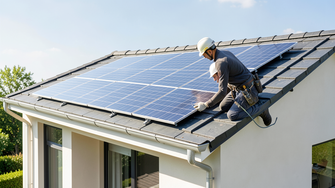 installation panneaux solaires edf montrant une maison moderne avec panneaux photovoltaïques sur le toit sous un ciel ensoleillé