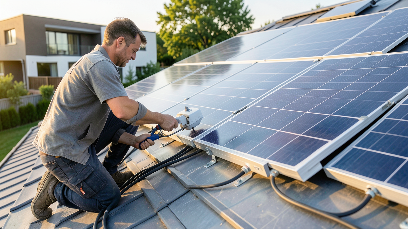 installation photovoltaique 6kw : technicien installant des panneaux solaires sur un toit résidentiel
