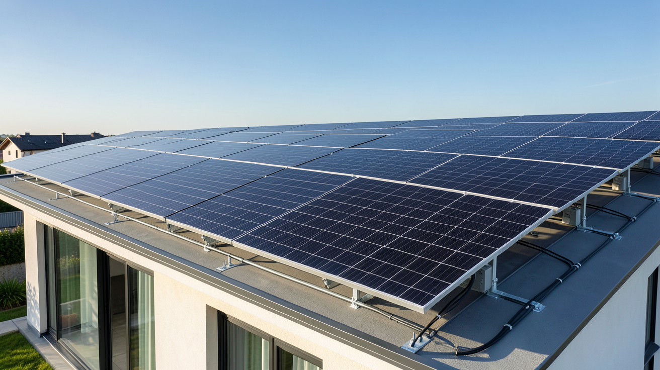 installation photovoltaïque 6 kW composée de 12 panneaux solaires noirs sur le toit d'une maison moderne