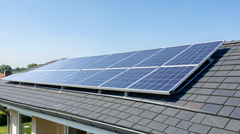 installation photovoltaique 6kw panneaux solaires de 6 kW installés sur le toit d'une maison moderne, éclairés par une lumière naturelle.