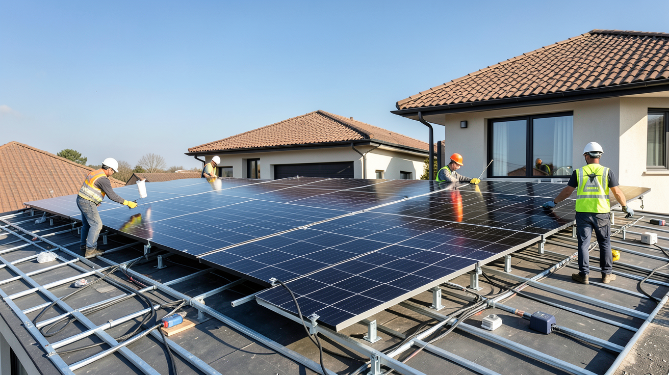 installation photovoltaïque 6 kWc en cours sur un toit de maison avec techniciens et panneaux solaires