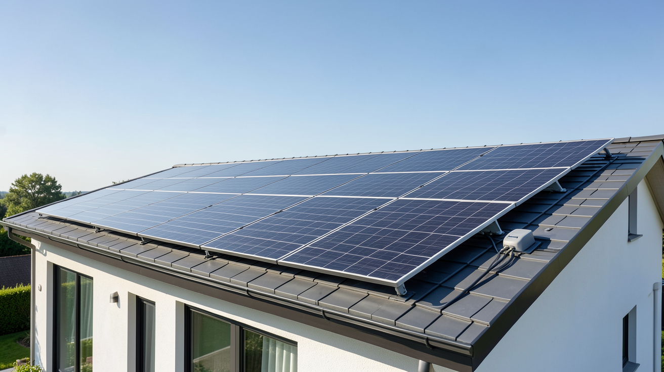 installation photovoltaïque 9 kW sur le toit d'une maison moderne avec panneaux solaires noirs