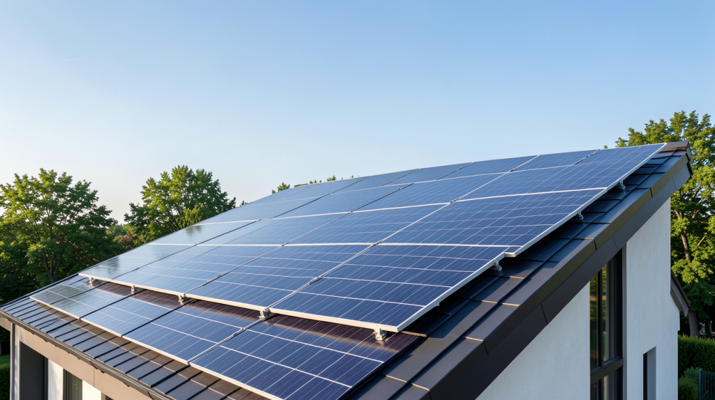 installation photovoltaique 9kw de panneaux solaires noirs posés sur le toit en ardoise d'une maison individuelle.