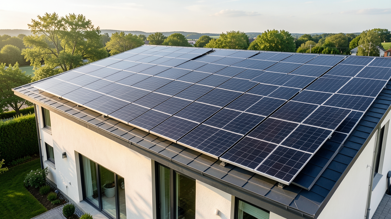 installation photovoltaïque 9 kWc composée de 20 panneaux solaires noirs monocristallins sur le toit d'une maison