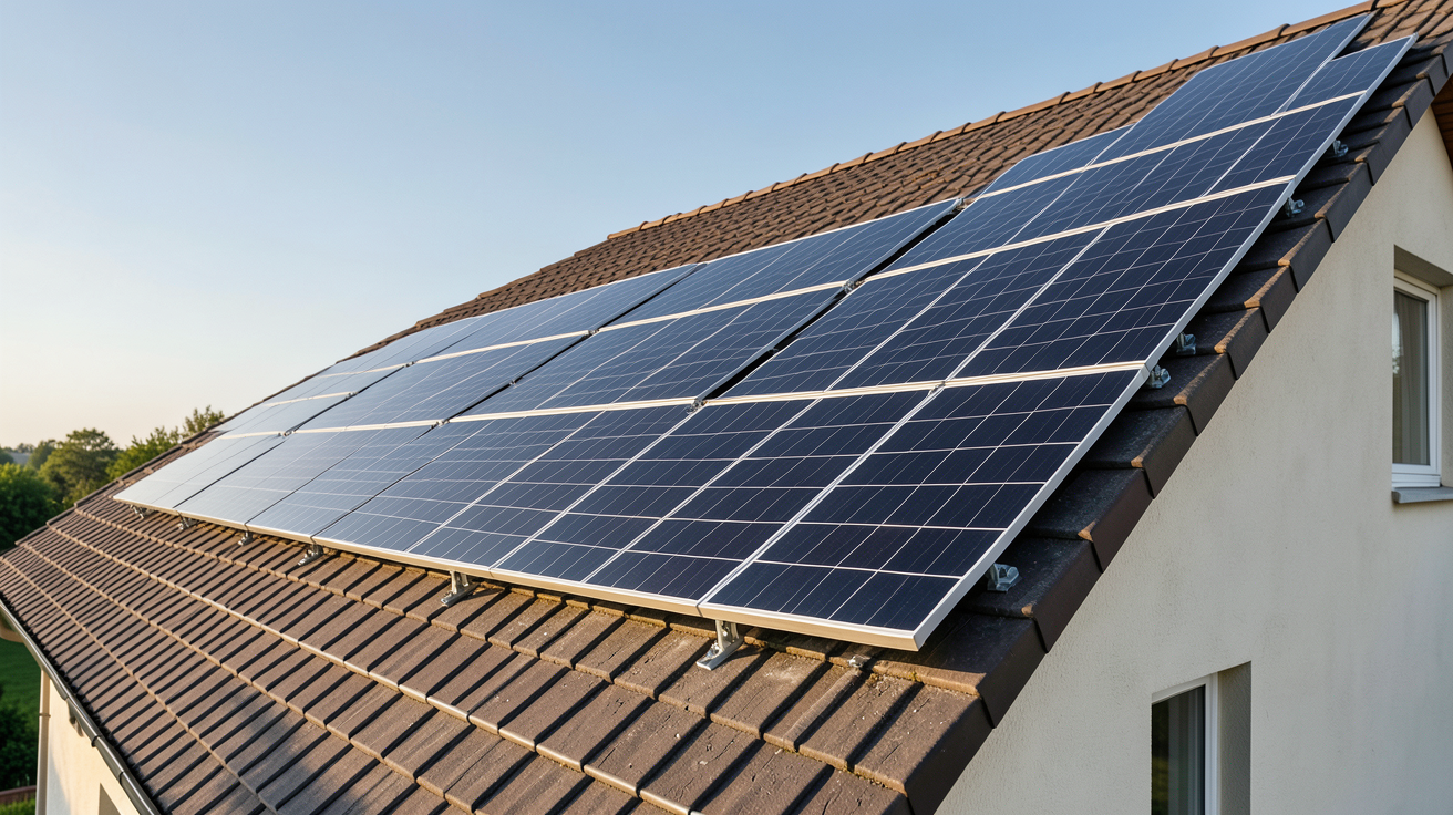 installation photovoltaïque 9 kW parfaitement intégrée sur une toiture optimisée en orientation sud et inclinaison 30 degrés