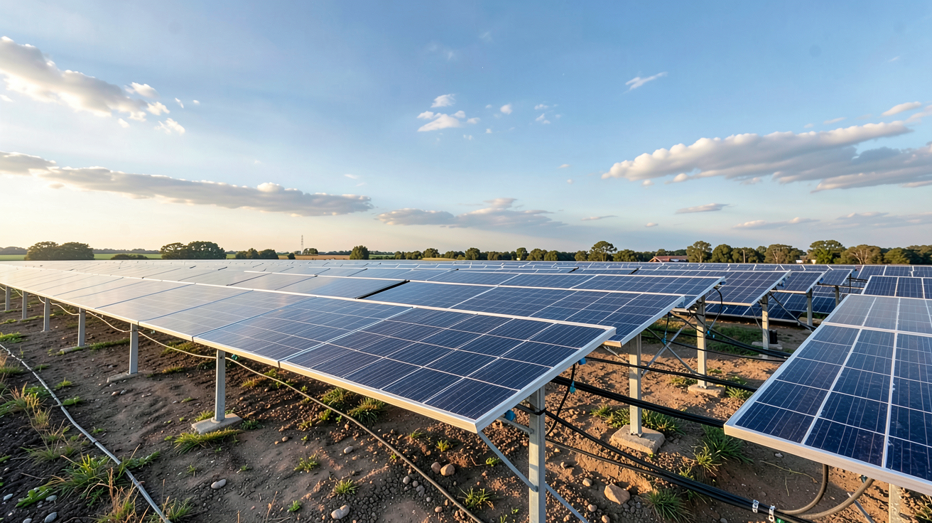 installation photovoltaïque au sol montrant un champ de panneaux solaires avec des supports métalliques et des câbles