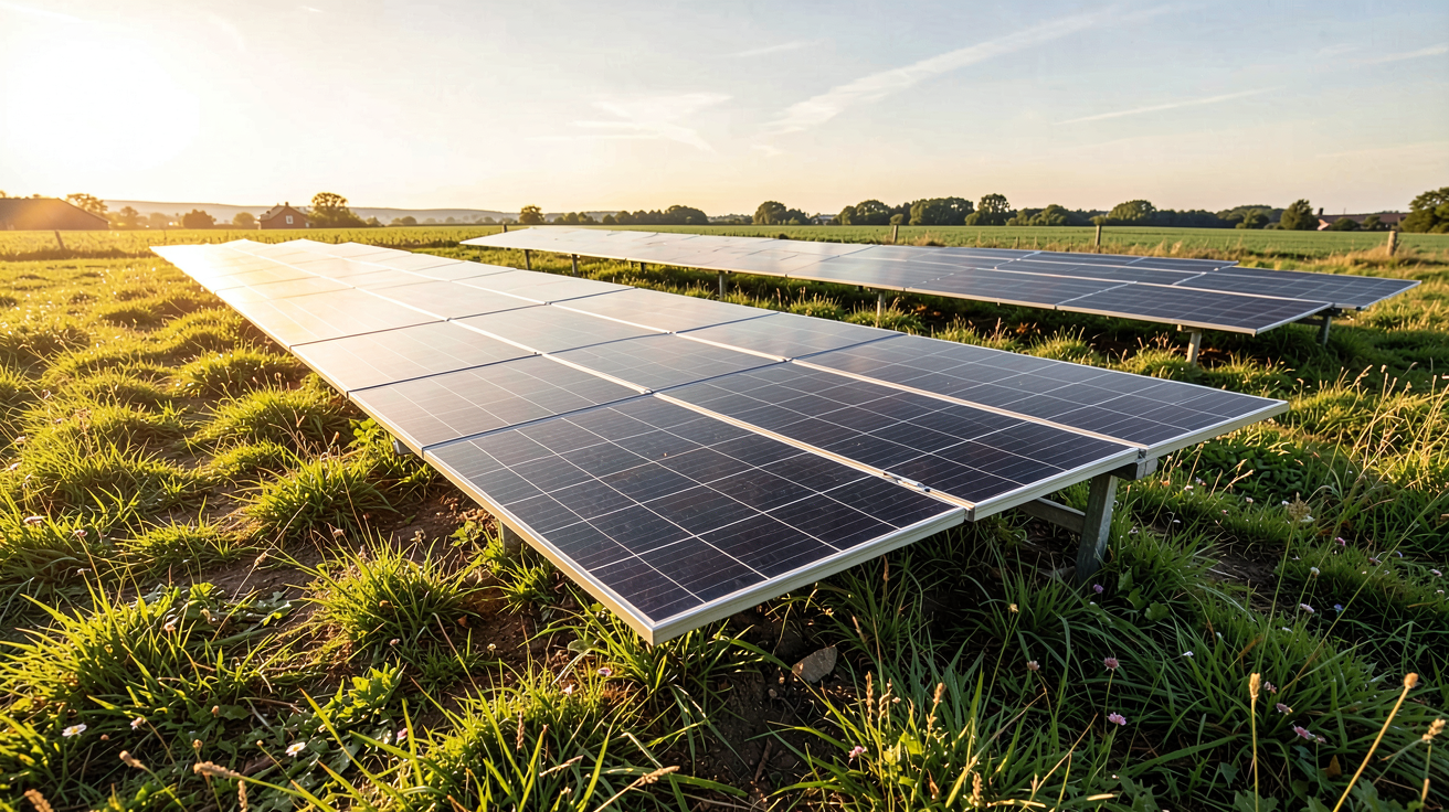 installation photovoltaïque au sol composée de panneaux solaires noirs alignés sur un champ herbeux ensoleillé