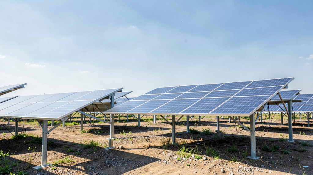 installation photovoltaique au sol panneaux solaires installés sur un terrain dégagé, avec ciel clair et éclairage naturel