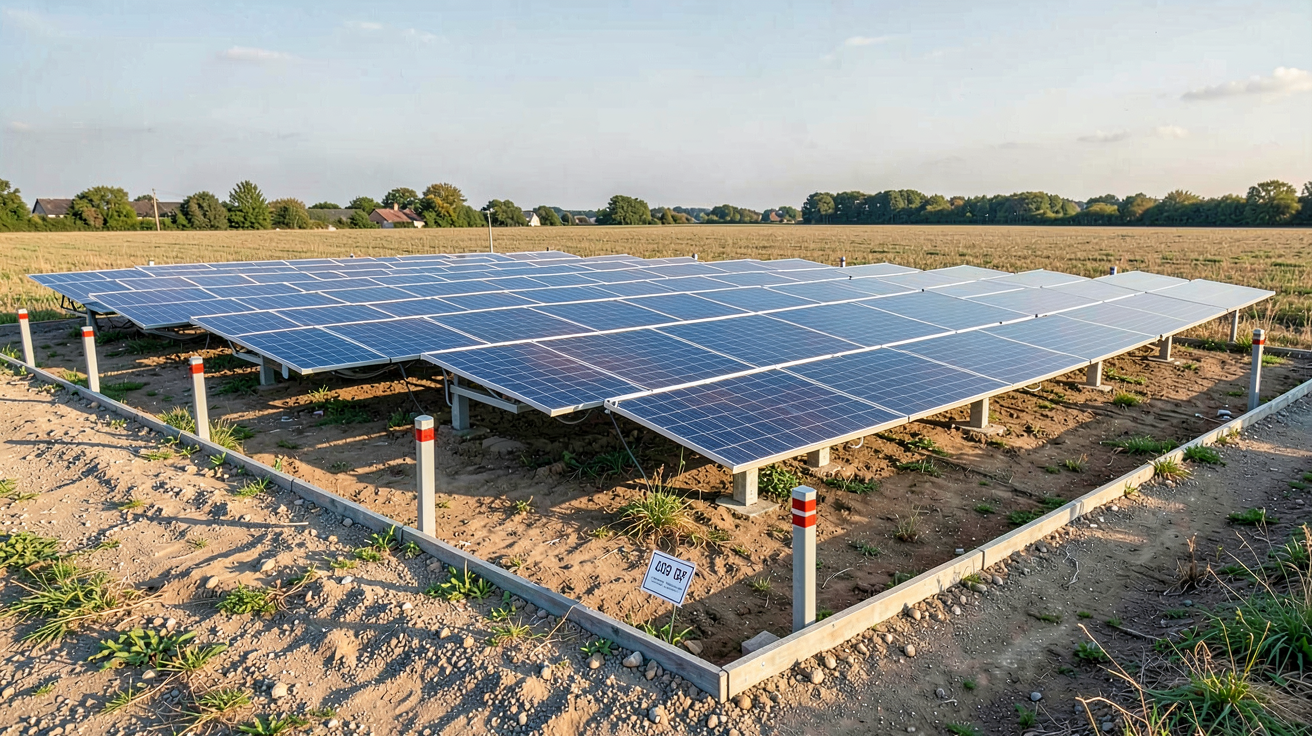 installation photovoltaïque au sol respectant la réglementation 2024 avec panneaux solaires alignés sur un terrain