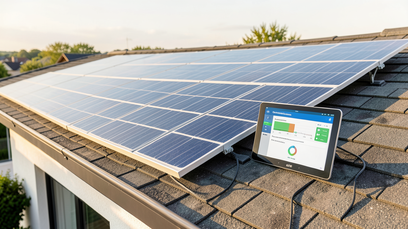 installation photovoltaïque autoconsommation avec écran de monitoring affichant le retour sur investissement et les économies annuelles