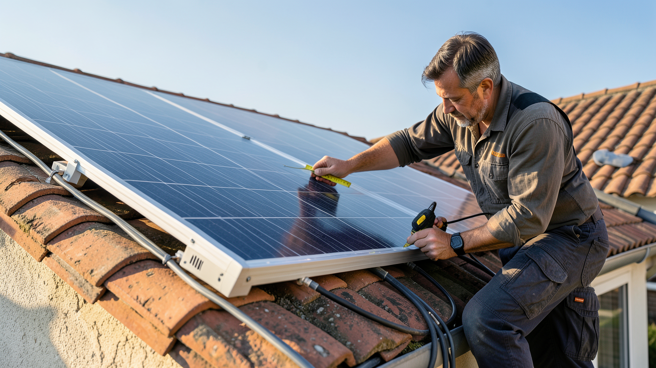 installation photovoltaïque en autoconsommation : installateur mesurant les dimensions d'un panneau solaire sur un toit