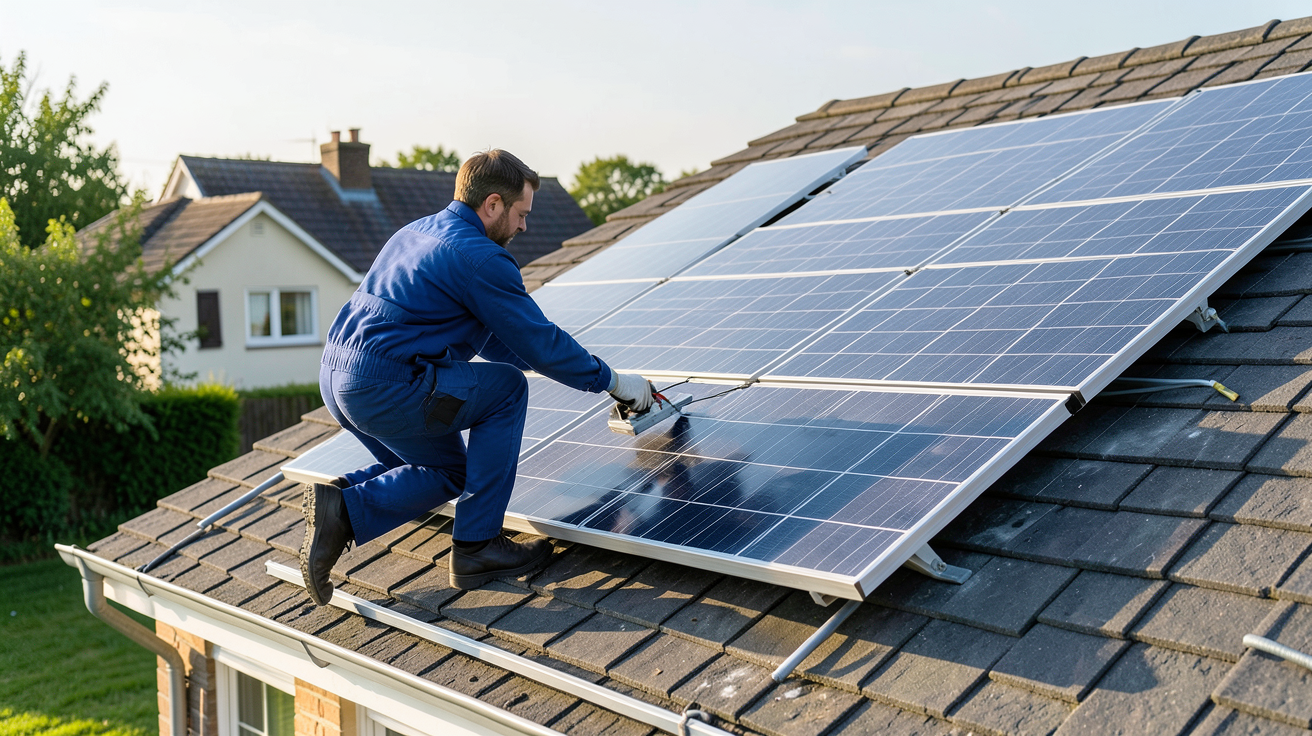 installation photovoltaïque en autoconsommation : technicien effectuant la maintenance des panneaux solaires sur un toit résidentiel