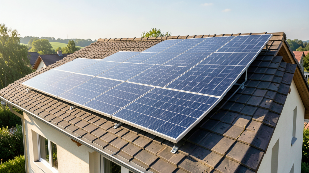 installation photovoltaïque autoconsommation montrant des panneaux solaires photovoltaïques installés sur le toit d'une maison moderne, capturée en haute résolution.