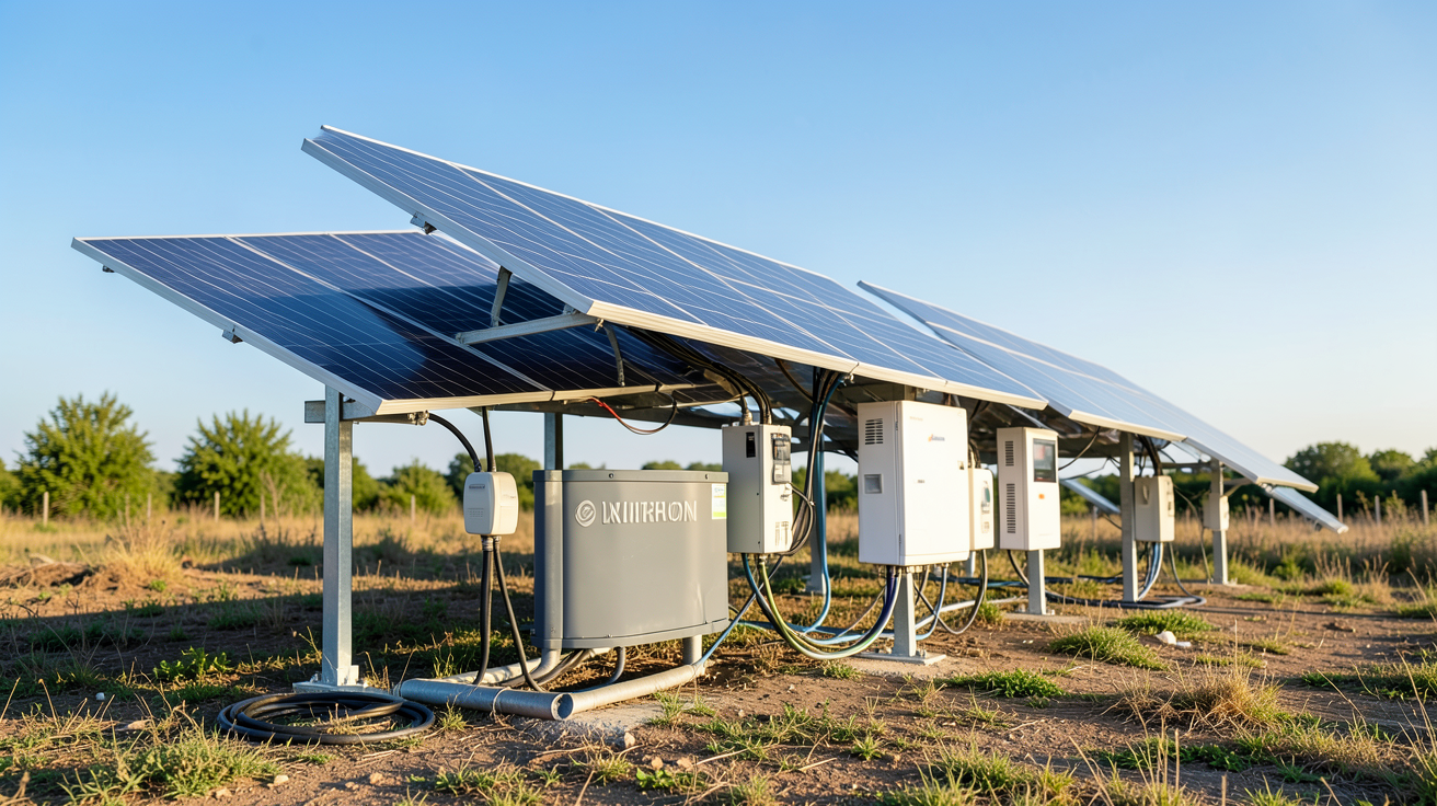 installation photovoltaïque autonome montrant les composants clés : panneaux solaires, batterie, régulateur, onduleur et câbles