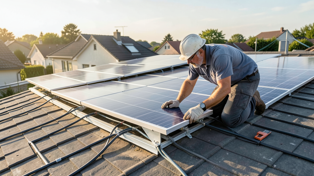 installation photovoltaïque autonome : montage des panneaux et raccordement des câbles par un technicien sur un toit