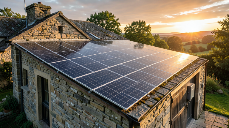 installation photovoltaïque autonome avec panneaux solaires et batterie de stockage sur une maison rurale
