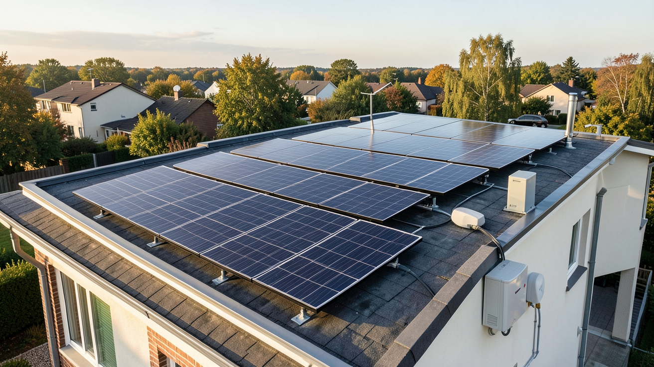 installation photovoltaïque autonome sur le toit d'une maison individuelle avec panneaux solaires et batteries de stockage