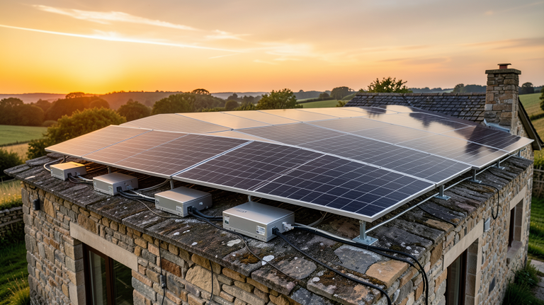 installation photovoltaïque autonome composée de panneaux solaires et de batteries de stockage sur le toit d'une maison rurale