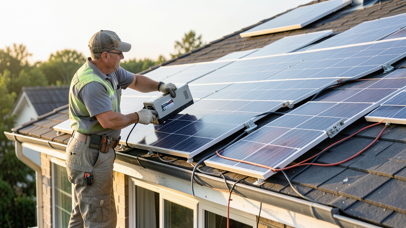 installation photovoltaïque avec batterie : technicien installant un kit solaire avec batterie sur le toit d'une maison