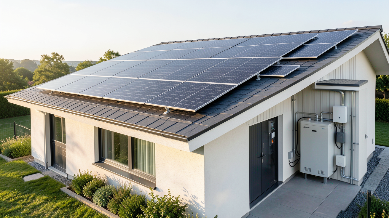 installation photovoltaïque avec batterie de stockage sur le toit d'une maison moderne