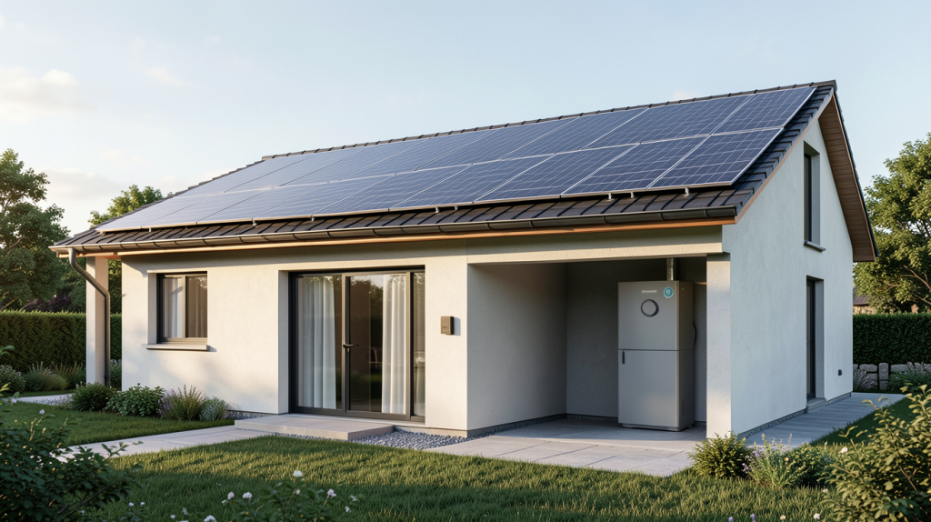 installation photovoltaïque avec batterie de stockage sur le toit d'une maison moderne