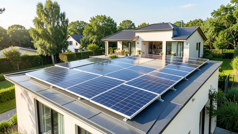 installation photovoltaïque en autoconsommation sur le toit d'une maison familiale, panneaux solaires modernes sous un ciel dégagé
