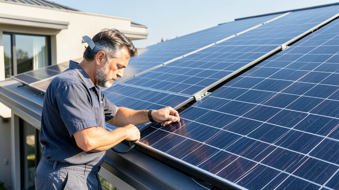 installation photovoltaïque intégrée au bâti en cours de mise en service sur une maison moderne