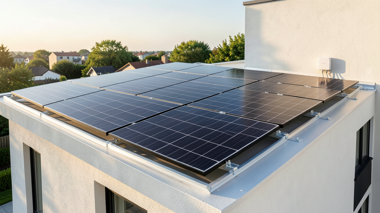 installation photovoltaïque maison avec panneaux solaires, onduleur et système de montage sur toit moderne