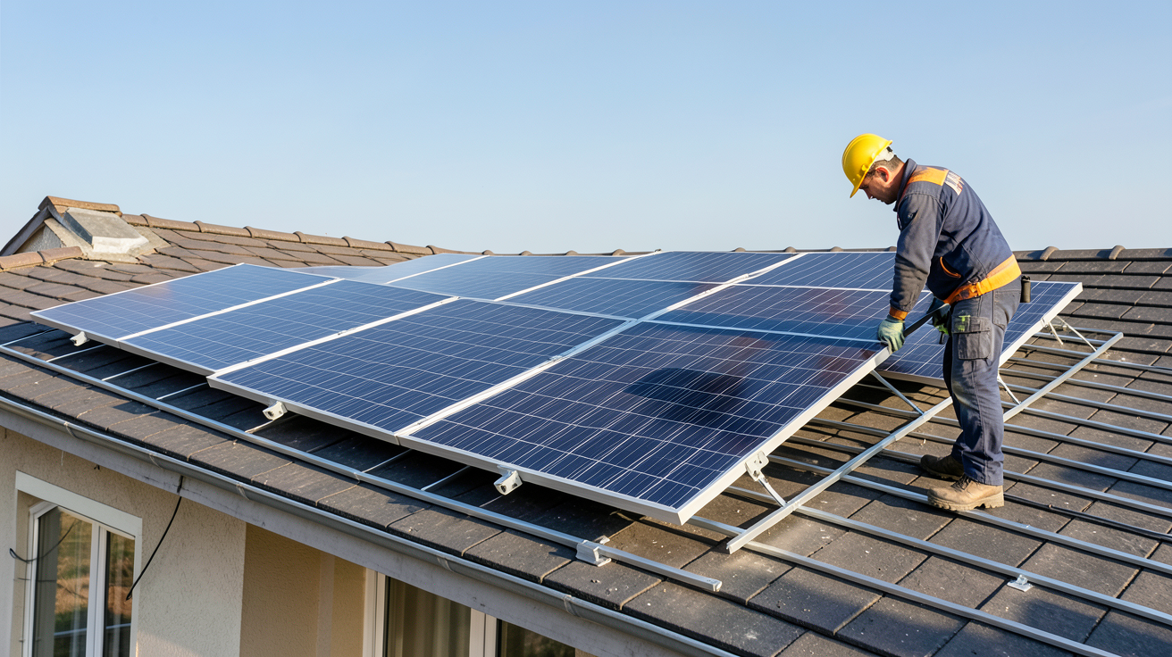 installation photovoltaïque maison : techniciens posant des panneaux solaires sur une toiture en cours de montage