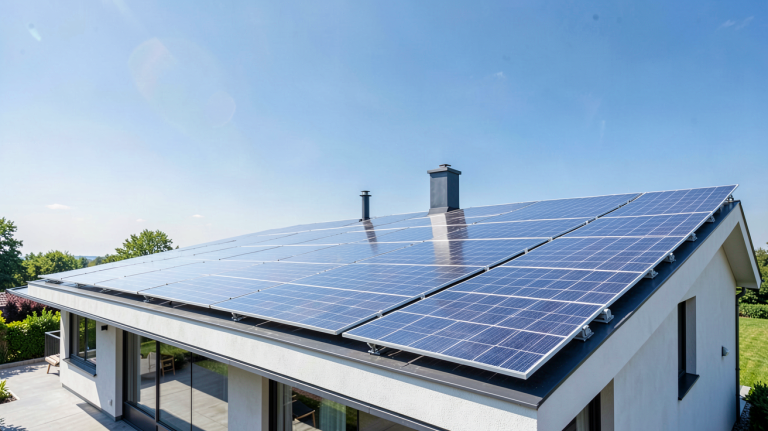 installation photovoltaique installée sur le toit d'une maison moderne