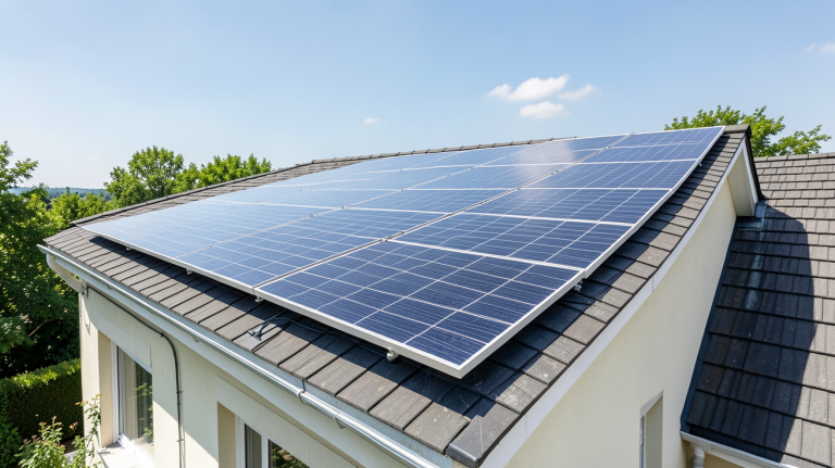 installation photovoltaique maison sur le toit d'une résidence moderne, panneaux solaires alignés, ciel dégagé