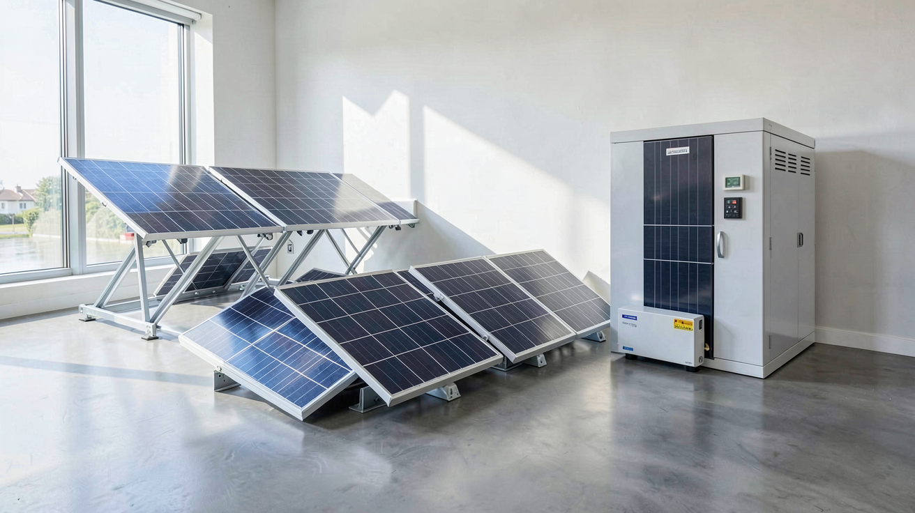 installation photovoltaique composée de panneaux solaires, d'un onduleur et d'un système de stockage d'énergie