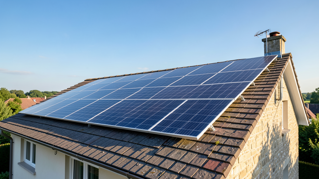 installation photovoltaïque particulier avec panneaux solaires optimisés en orientation et inclinaison sur le toit d'une maison