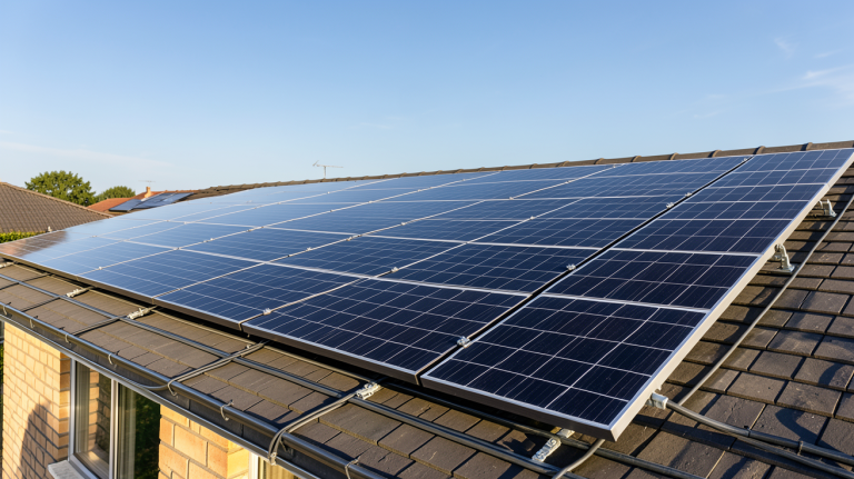 installation photovoltaïque particulière sur le toit d'une maison individuelle avec des panneaux solaires noirs