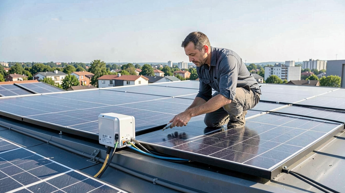 installation photovoltaïque prix guide complet 2026 vérification par un professionnel sur un toit résidentiel