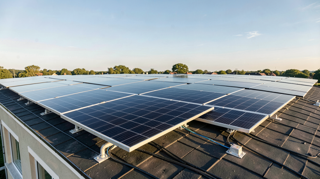 installation photovoltaïque complète sur le toit d'une maison individuelle avec panneaux solaires noirs