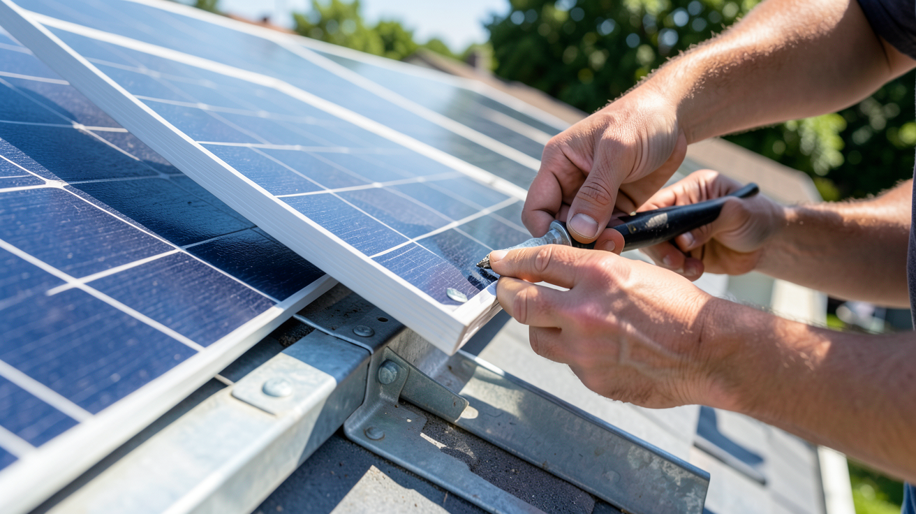 installation photovoltaïque soi même montrant la fixation mécanique des panneaux sur une structure de toit