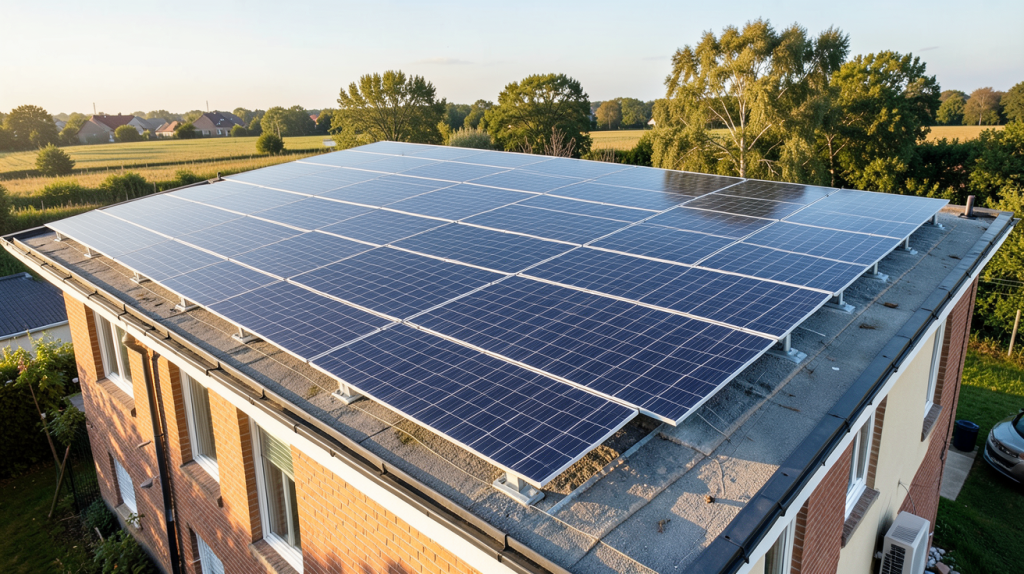 installation photovoltaïque soi-même sur le toit d'une maison individuelle avec panneaux solaires alignés