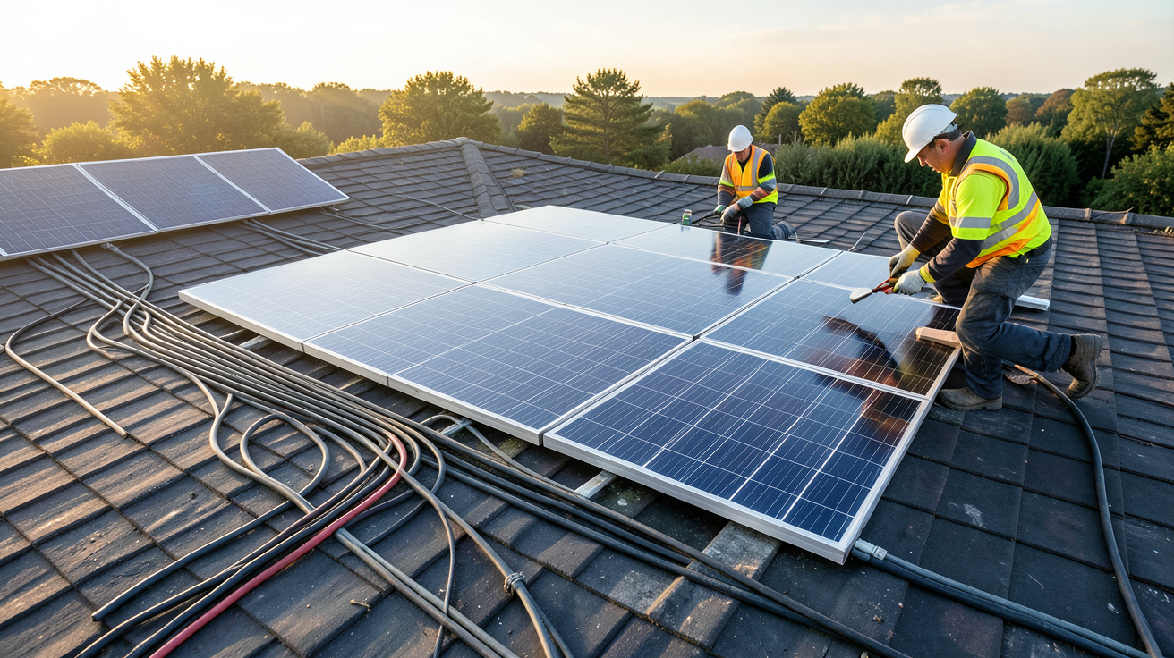installation photovoltaïque triphasée en cours de montage sur un toit résidentiel avec techniciens en sécurité