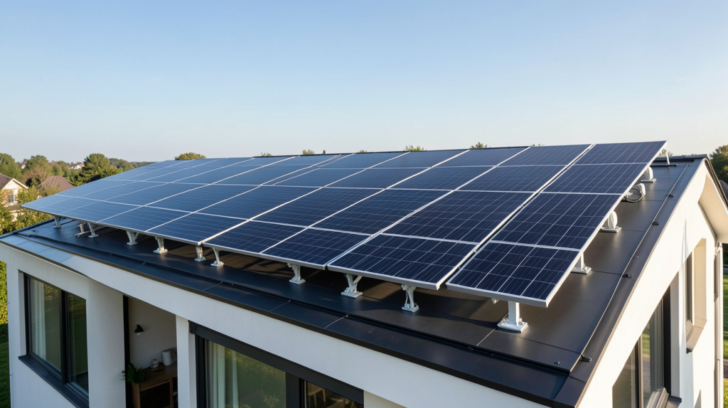 installation photovoltaïque triphasée sur le toit d'une maison contemporaine avec panneaux solaires noirs