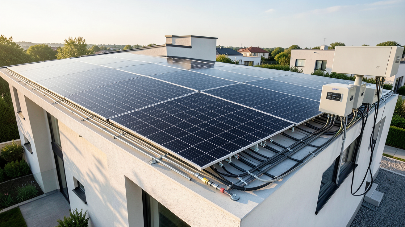 installation photovoltaïque triphasée avec panneaux solaires monocristallins noirs et onduleurs triphasés sur une toiture moderne