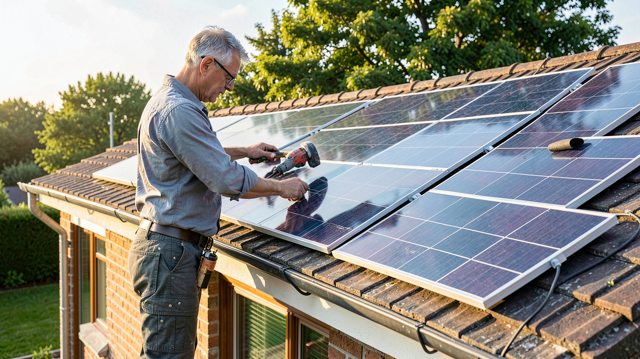installation pv artisan certifié RGE installant des panneaux photovoltaïques sur un toit de maison