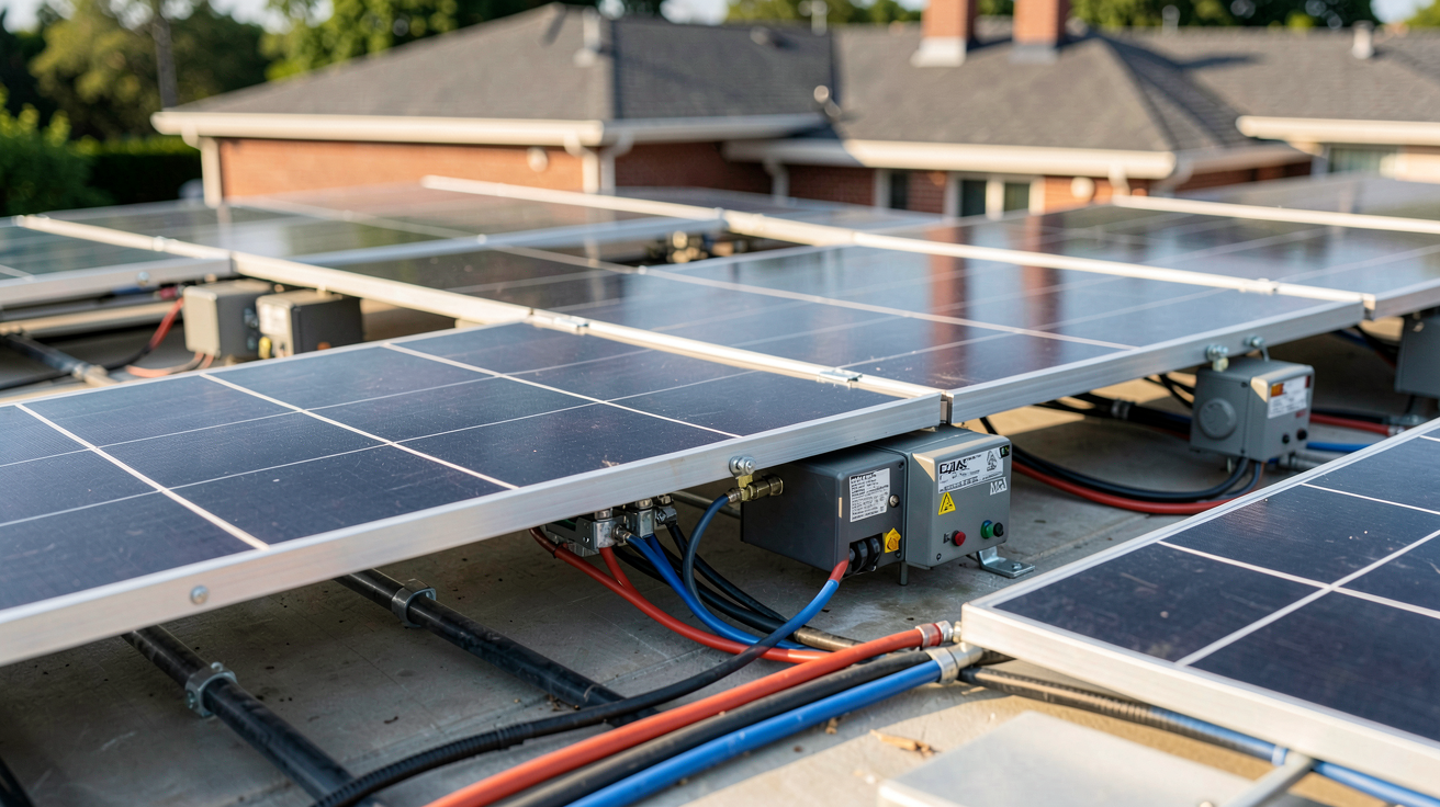 installation photovoltaïque montrant les panneaux solaires, onduleurs et câbles sur un toit résidentiel