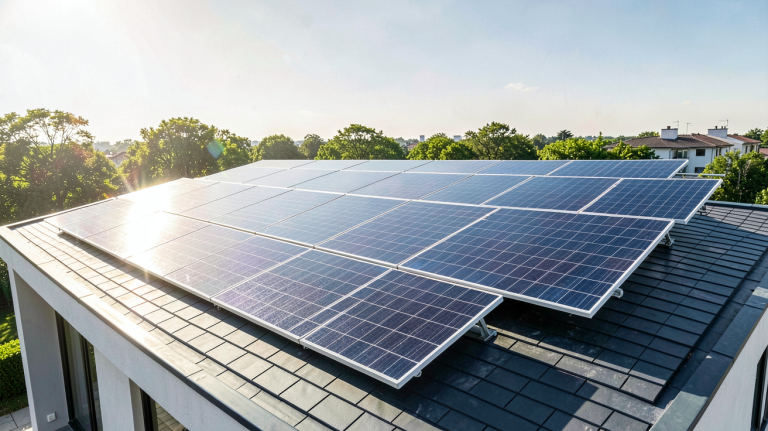installation pv sur le toit d'une maison moderne, panneaux solaires alignés sous un ciel bleu clair