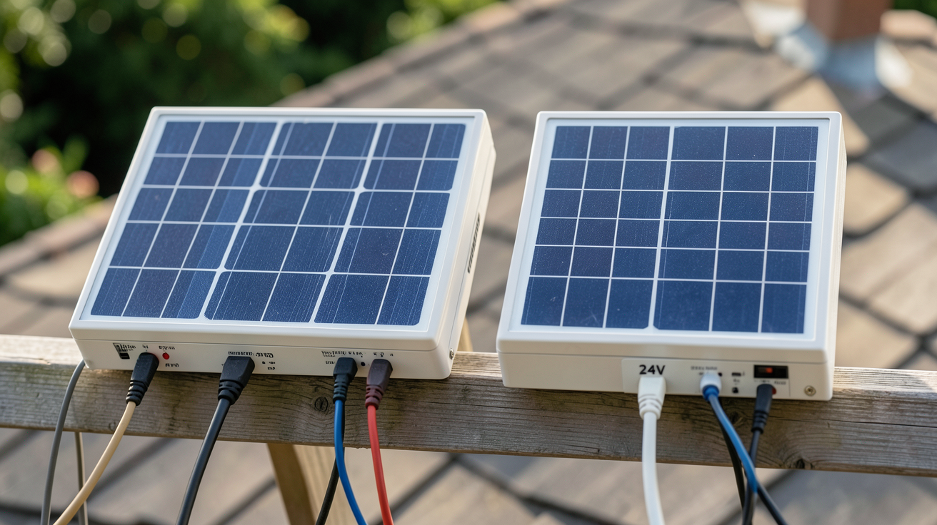 installation solaire 12v ou 24v comparaison de tension entre deux panneaux solaires posés côte à côte
