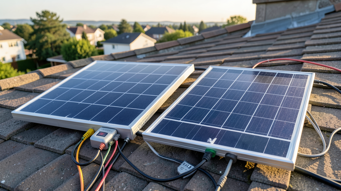 installation solaire 12V et 24V côte à côte sur un toit résidentiel avec câbles et régulateur de charge